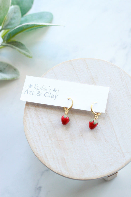 Tiny Strawberry Huggie Hoops